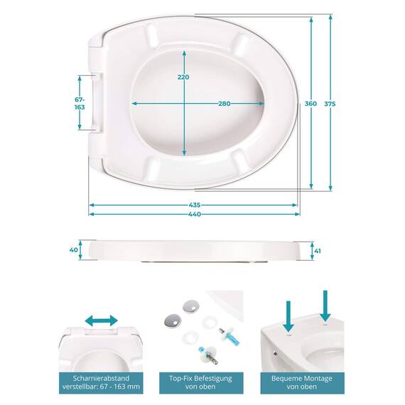 Calmwaters® Antibakterieller Premium WC Sitz mit Absenkautomatik Modern Soft, WC Deckel überlappend, abnehmbar, Duroplast Toilettensitz oval, universale O-Form, Top-Fix, Edelstahlscharnier, Weiß