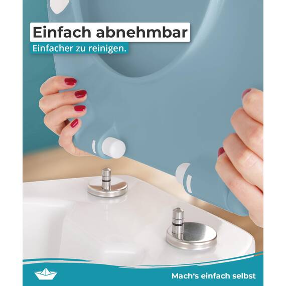 Calmwaters® Premium WC Sitz einfache Montage, Toilettendeckel bis 250 kg, Made in EU, antibakterieller Duroplast, Absenkautomatik, 2 Montage Optionen, abnehmbar, Klobrille, oval, Bermuda-Blau