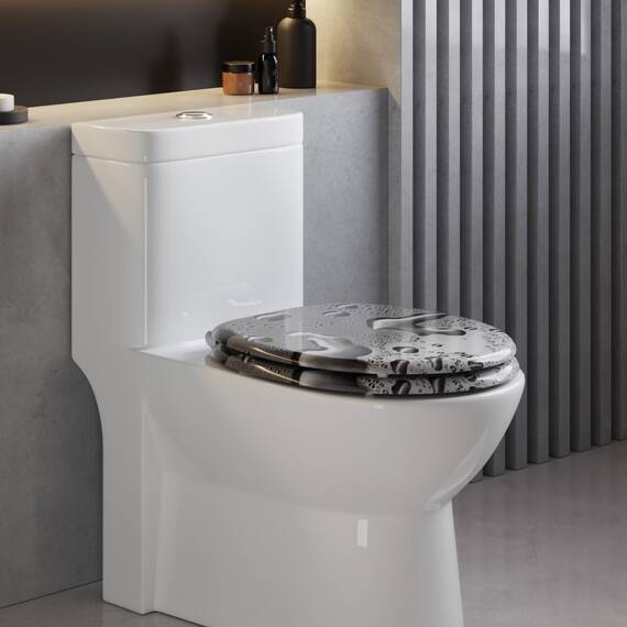 WOLTU Premium WC-Sitz Toilettensitz mit Absenkautomatik, MDF Holzkern, Softclose Scharnier, Desgin Décor Tautropfen Grau Oval
