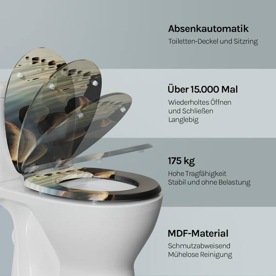 WOLTU Premium WC-Sitz Toilettensitz mit Absenkautomatik, MDF Holzkern, Softclose Scharnier, Desgin Décor Grau Stone Oval