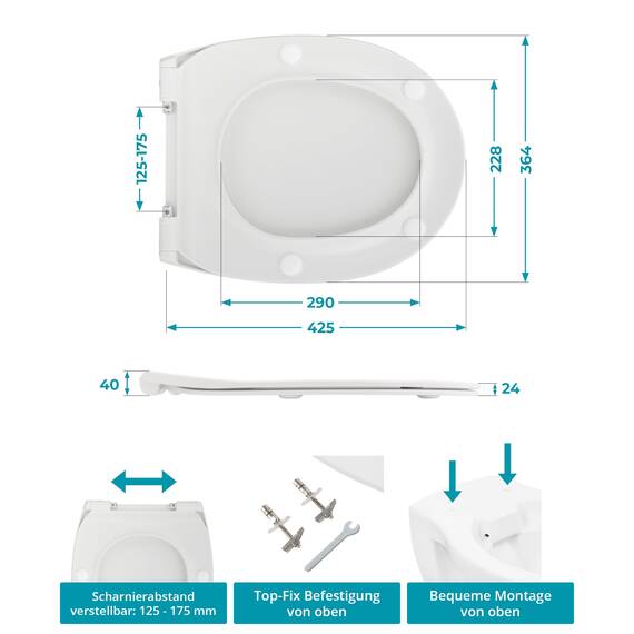 Calmwaters® Flacher WC-Sitz mit Absenkautomatik, Slim, antibakterieller Duroplast Toilettensitz, Edelstahl-Scharniere, Abnehmbar, extraflacher WC-Deckel, Standard O-Form, 26LP3163