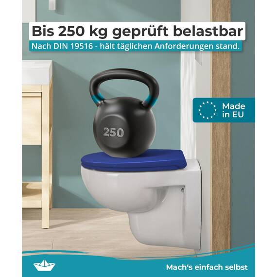 Calmwaters® Premium WC Sitz einfache Montage, Toilettendeckel bis 250 kg, Made in EU, antibakterieller Duroplast, Absenkautomatik, 2 Montage Optionen, abnehmbar, Klobrille, oval, Blau
