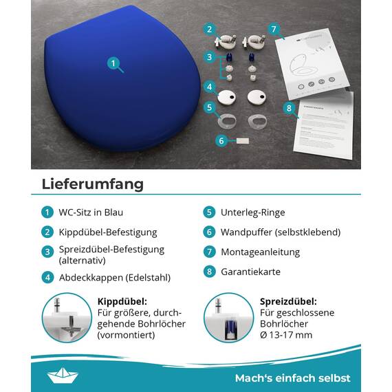 Calmwaters® Premium WC Sitz einfache Montage, Toilettendeckel bis 250 kg, Made in EU, antibakterieller Duroplast, Absenkautomatik, 2 Montage Optionen, abnehmbar, Klobrille, oval, Blau