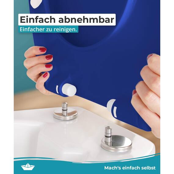 Calmwaters® Premium WC Sitz einfache Montage, Toilettendeckel bis 250 kg, Made in EU, antibakterieller Duroplast, Absenkautomatik, 2 Montage Optionen, abnehmbar, Klobrille, oval, Blau
