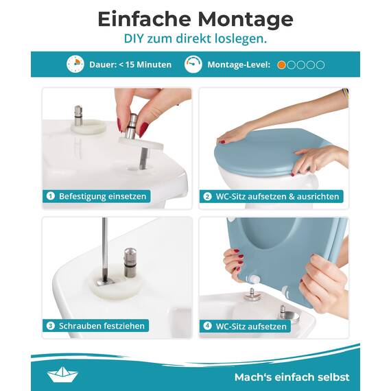 Calmwaters® Premium WC Sitz einfache Montage, Toilettendeckel bis 250 kg, Made in EU, antibakterieller Duroplast, Absenkautomatik, 2 Montage Optionen, abnehmbar, Klobrille, oval, Bermuda-Blau