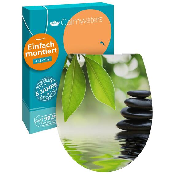 Calmwaters® WC Sitz Motiv Wellness Oase einfache Montage, Toilettendeckel bis 250 kg, Made in EU, antibakterieller Duroplast, Absenkautomatik, 2 Montage Optionen, abnehmbar, Klobrille, oval