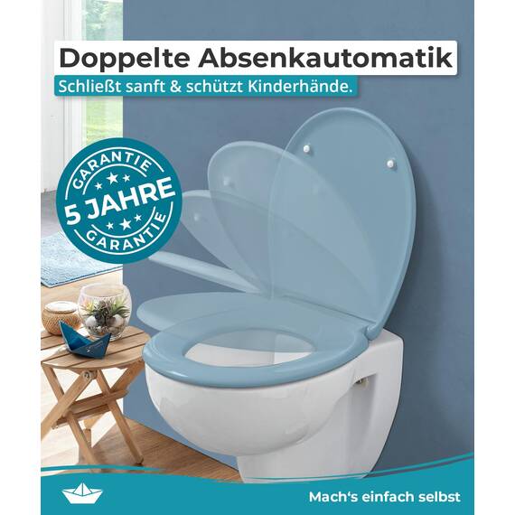 Calmwaters® Premium WC Sitz einfache Montage, Toilettendeckel bis 250 kg, Made in EU, antibakterieller Duroplast, Absenkautomatik, 2 Montage Optionen, abnehmbar, Klobrille, oval, Bermuda-Blau