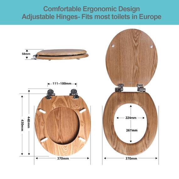 Angel Shield WC-Sitz aus Naturholz, WC-Sitz mit leise geschlossenen und schnell öffnenden Scharnieren, auch leicht zu reinigen, antibakterieller Toilettensitz (Massive Eiche)