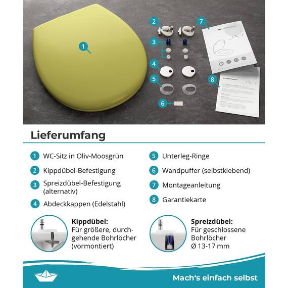 Calmwaters® Premium WC Sitz einfache Montage, Toilettendeckel bis 250 kg, Made in EU, antibakterieller Duroplast, Absenkautomatik, 2 Montage Optionen, abnehmbar, Klobrille, oval, Oliv-Moosgrün
