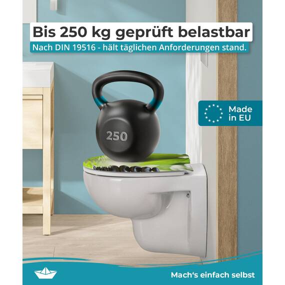 Calmwaters® WC Sitz Motiv Wellness Oase einfache Montage, Toilettendeckel bis 250 kg, Made in EU, antibakterieller Duroplast, Absenkautomatik, 2 Montage Optionen, abnehmbar, Klobrille, oval