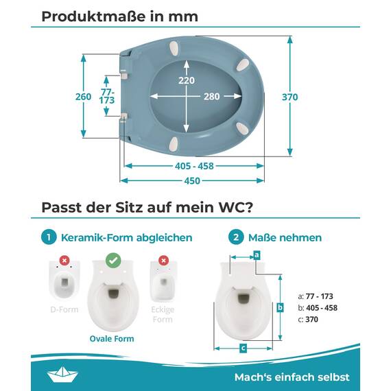 Calmwaters® Premium WC Sitz einfache Montage, Toilettendeckel bis 250 kg, Made in EU, antibakterieller Duroplast, Absenkautomatik, 2 Montage Optionen, abnehmbar, Klobrille, oval, Bermuda-Blau
