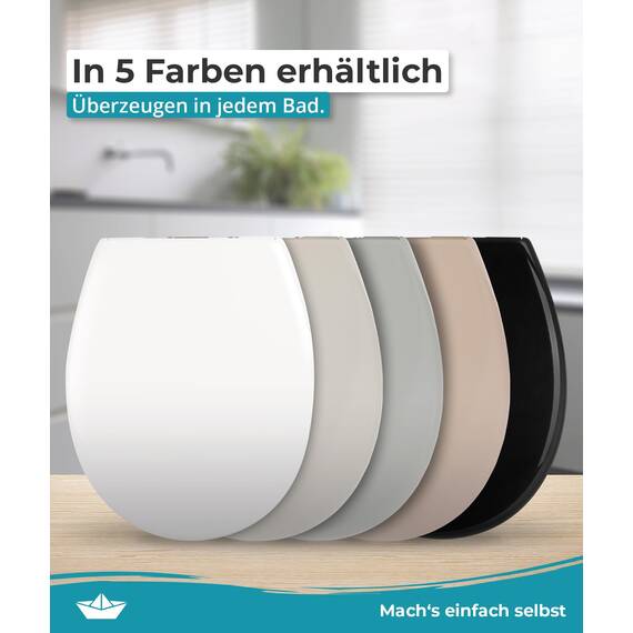 Calmwaters® Toilettendeckel mit Absenkautomatik, WC Sitz einfache Montage, bis 250 kg, Made in EU, aus antibakteriellem Duroplast, 2 Befestigungsarten, abnehmbar, Klobrille oval, Klodeckel Weiß