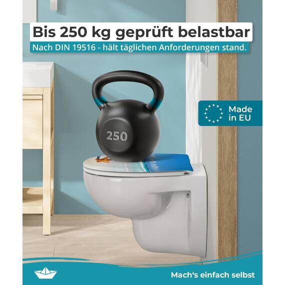 Calmwaters® WC Sitz Motiv Seestern einfache Montage, Toilettendeckel bis 250 kg, Made in EU, antibakterieller Duroplast, Absenkautomatik, 2 Montage Optionen, abnehmbar, Klobrille, oval