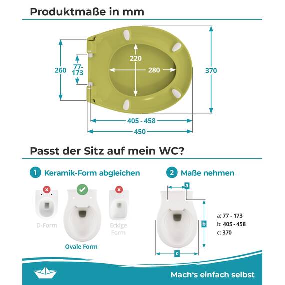 Calmwaters® Premium WC Sitz einfache Montage, Toilettendeckel bis 250 kg, Made in EU, antibakterieller Duroplast, Absenkautomatik, 2 Montage Optionen, abnehmbar, Klobrille, oval, Oliv-Moosgrün