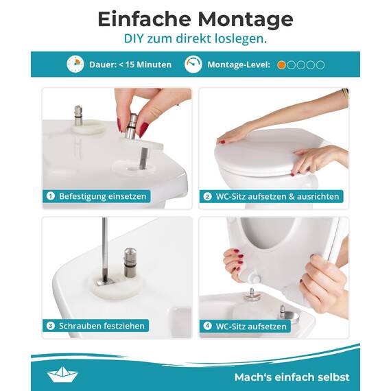 Calmwaters® Toilettendeckel mit Absenkautomatik, WC Sitz einfache Montage, bis 250 kg, Made in EU, aus antibakteriellem Duroplast, 2 Befestigungsarten, abnehmbar, Klobrille oval, Klodeckel Weiß