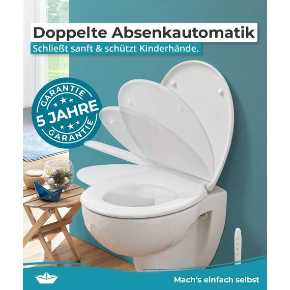 Calmwaters® Toilettendeckel mit Absenkautomatik, WC Sitz einfache Montage, bis 250 kg, Made in EU, aus antibakteriellem Duroplast, 2 Befestigungsarten, abnehmbar, Klobrille oval, Klodeckel Weiß