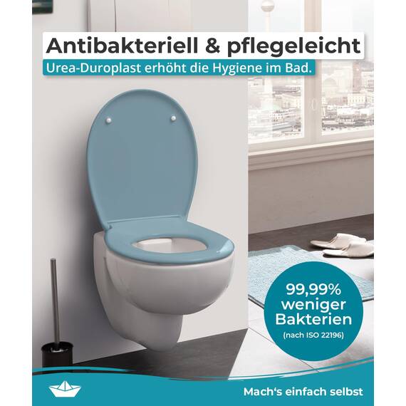 Calmwaters® Premium WC Sitz einfache Montage, Toilettendeckel bis 250 kg, Made in EU, antibakterieller Duroplast, Absenkautomatik, 2 Montage Optionen, abnehmbar, Klobrille, oval, Bermuda-Blau