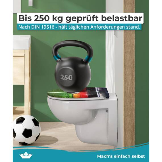 Calmwaters® WC Sitz WM-Special mit Absenkautomatik, Motiv: Halbzeitpause, antibakterielles Duroplast, leichte Montage, 2 Befestigungen, Toilettendeckel bis 250 kg, Made in EU, Klobrille abnehmbar