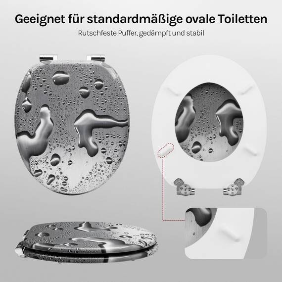 WOLTU Premium WC-Sitz Toilettensitz mit Absenkautomatik, MDF Holzkern, Softclose Scharnier, Desgin Décor Tautropfen Grau Oval