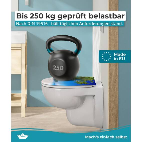 Calmwaters® WC Sitz Motiv Palmenparadies einfache Montage, Toilettendeckel bis 250 kg, Made in EU, antibakterieller Duroplast, Absenkautomatik, 2 Montage Optionen, abnehmbar, Klobrille, oval
