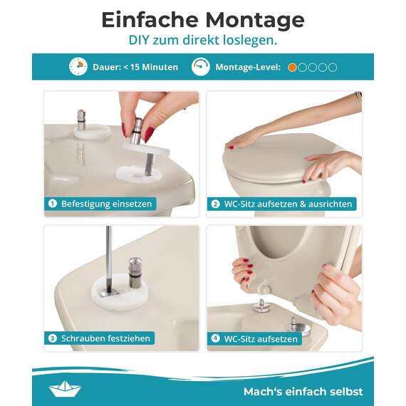 Calmwaters® Premium WC Sitz einfache Montage, Toilettendeckel bis 250 kg, Made in EU, antibakterieller Duroplast, doppelte Absenkautomatik, 2 Montage Optionen, abnehmbar, Klobrille, oval, Pergamon