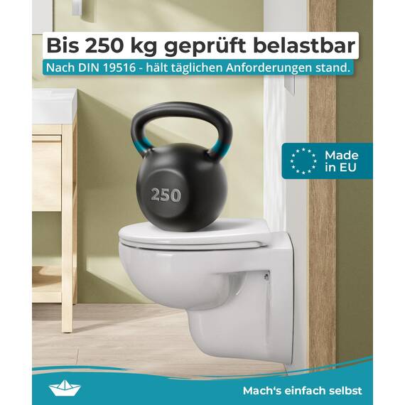 Calmwaters® Toilettendeckel mit Absenkautomatik, WC Sitz einfache Montage, bis 250 kg, Made in EU, aus antibakteriellem Duroplast, 2 Befestigungsarten, abnehmbar, Klobrille oval, Klodeckel Weiß