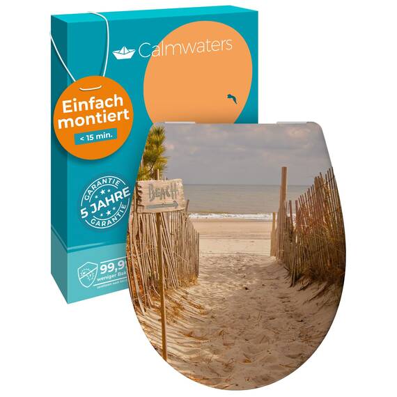 Calmwaters® WC Sitz Motiv Sandstrand einfache Montage, Toilettendeckel bis 250 kg, Made in EU, antibakterieller Duroplast, Absenkautomatik, 2 Montage Optionen, abnehmbar, Klobrille, oval