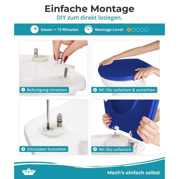 Calmwaters® Premium WC Sitz einfache Montage, Toilettendeckel bis 250 kg, Made in EU, antibakterieller Duroplast, Absenkautomatik, 2 Montage Optionen, abnehmbar, Klobrille, oval, Blau