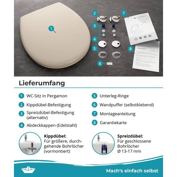 Calmwaters® Premium WC Sitz einfache Montage, Toilettendeckel bis 250 kg, Made in EU, antibakterieller Duroplast, doppelte Absenkautomatik, 2 Montage Optionen, abnehmbar, Klobrille, oval, Pergamon