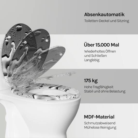 WOLTU Premium WC-Sitz Toilettensitz mit Absenkautomatik, MDF Holzkern, Softclose Scharnier, Desgin Décor Tautropfen Grau Oval