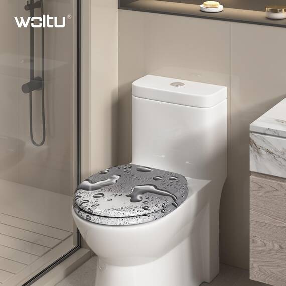 WOLTU Premium WC-Sitz Toilettensitz mit Absenkautomatik, MDF Holzkern, Softclose Scharnier, Desgin Décor Tautropfen Grau Oval