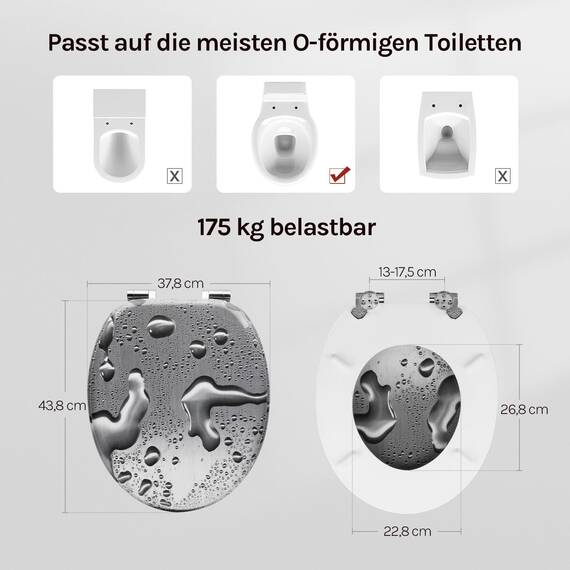 WOLTU Premium WC-Sitz Toilettensitz mit Absenkautomatik, MDF Holzkern, Softclose Scharnier, Desgin Décor Tautropfen Grau Oval