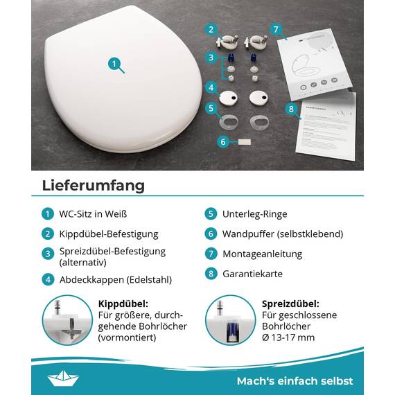 Calmwaters® Toilettendeckel mit Absenkautomatik, WC Sitz einfache Montage, bis 250 kg, Made in EU, aus antibakteriellem Duroplast, 2 Befestigungsarten, abnehmbar, Klobrille oval, Klodeckel Weiß