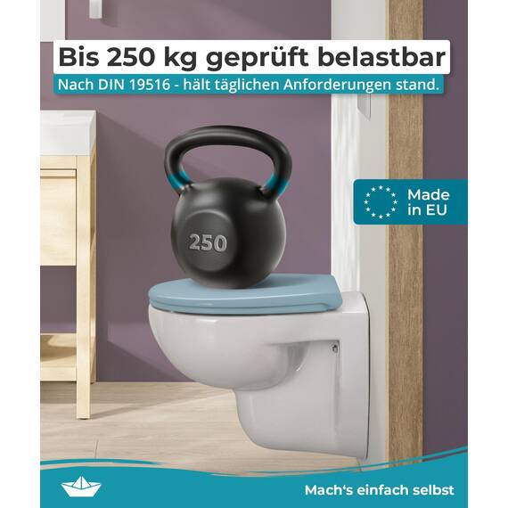 Calmwaters® Premium WC Sitz einfache Montage, Toilettendeckel bis 250 kg, Made in EU, antibakterieller Duroplast, Absenkautomatik, 2 Montage Optionen, abnehmbar, Klobrille, oval, Bermuda-Blau