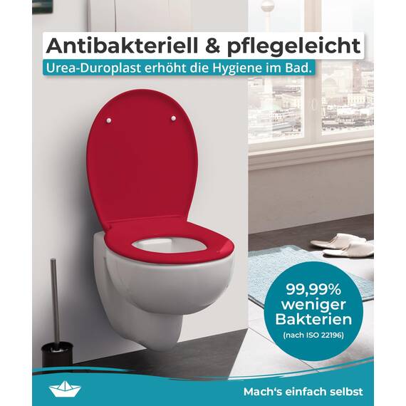 Calmwaters® Premium WC Sitz einfache Montage, Toilettendeckel bis 250 kg, Made in EU, antibakterieller Duroplast, Absenkautomatik, 2 Montage Optionen, abnehmbar, Klobrille, oval, Rot