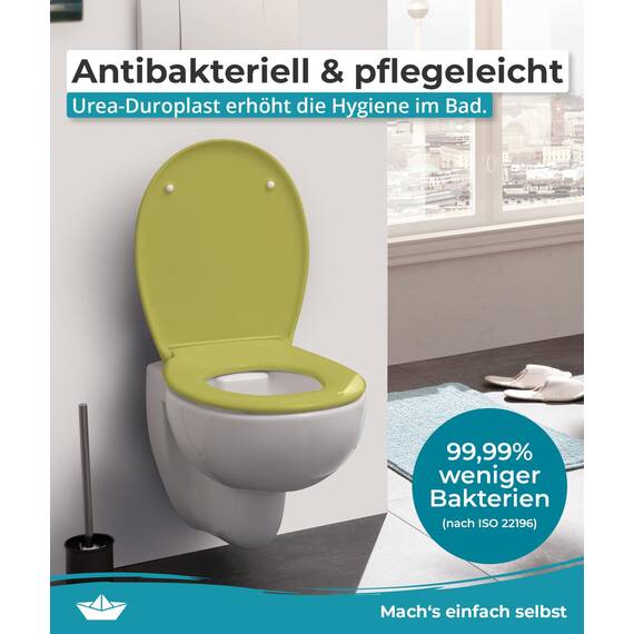Calmwaters® Premium WC Sitz einfache Montage, Toilettendeckel bis 250 kg, Made in EU, antibakterieller Duroplast, Absenkautomatik, 2 Montage Optionen, abnehmbar, Klobrille, oval, Oliv-Moosgrün