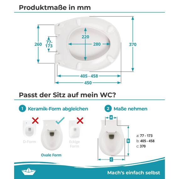 Calmwaters® Toilettendeckel mit Absenkautomatik, WC Sitz einfache Montage, bis 250 kg, Made in EU, aus antibakteriellem Duroplast, 2 Befestigungsarten, abnehmbar, Klobrille oval, Klodeckel Weiß