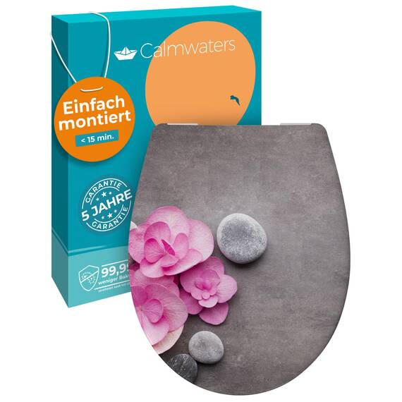Calmwaters® WC Sitz Motiv Wellness Orchidee einfache Montage, Toilettendeckel bis 250 kg, Made in EU, antibakterieller Duroplast, Absenkautomatik, 2 Montage Optionen, abnehmbar, Klobrille, oval