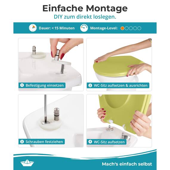 Calmwaters® Premium WC Sitz einfache Montage, Toilettendeckel bis 250 kg, Made in EU, antibakterieller Duroplast, Absenkautomatik, 2 Montage Optionen, abnehmbar, Klobrille, oval, Oliv-Moosgrün