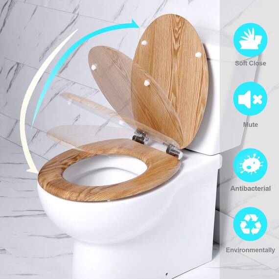 Angel Shield WC-Sitz aus Naturholz, WC-Sitz mit leise geschlossenen und schnell öffnenden Scharnieren, auch leicht zu reinigen, antibakterieller Toilettensitz (Massive Eiche)