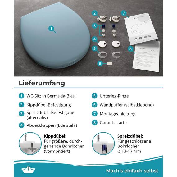 Calmwaters® Premium WC Sitz einfache Montage, Toilettendeckel bis 250 kg, Made in EU, antibakterieller Duroplast, Absenkautomatik, 2 Montage Optionen, abnehmbar, Klobrille, oval, Bermuda-Blau