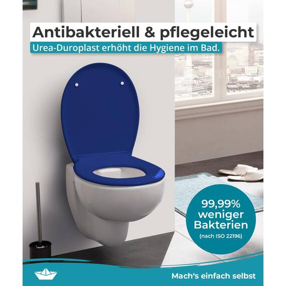 Calmwaters® Premium WC Sitz einfache Montage, Toilettendeckel bis 250 kg, Made in EU, antibakterieller Duroplast, Absenkautomatik, 2 Montage Optionen, abnehmbar, Klobrille, oval, Blau