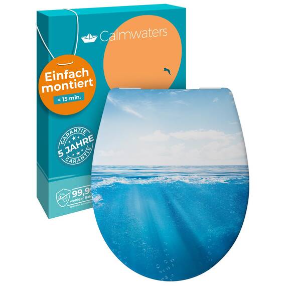 Calmwaters® WC Sitz Motiv Meeresglanz einfache Montage, Toilettendeckel bis 250 kg, Made in EU, antibakterieller Duroplast, Absenkautomatik, 2 Montage Optionen, abnehmbar, Klobrille, oval