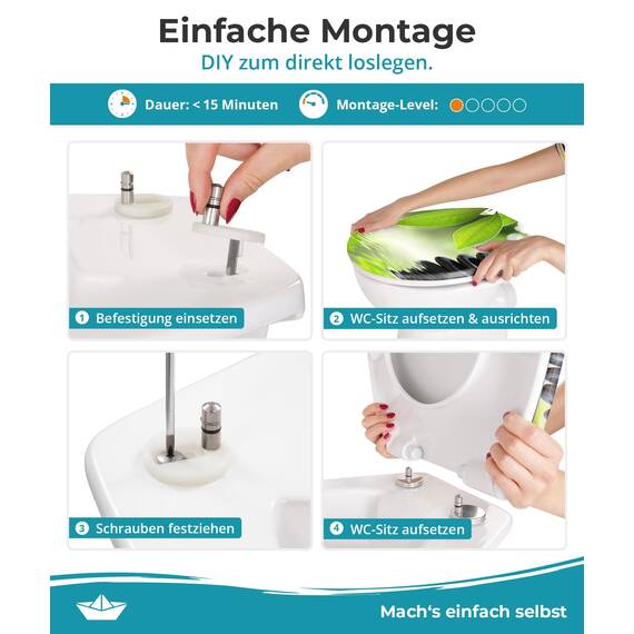Calmwaters® WC Sitz Motiv Wellness Oase einfache Montage, Toilettendeckel bis 250 kg, Made in EU, antibakterieller Duroplast, Absenkautomatik, 2 Montage Optionen, abnehmbar, Klobrille, oval