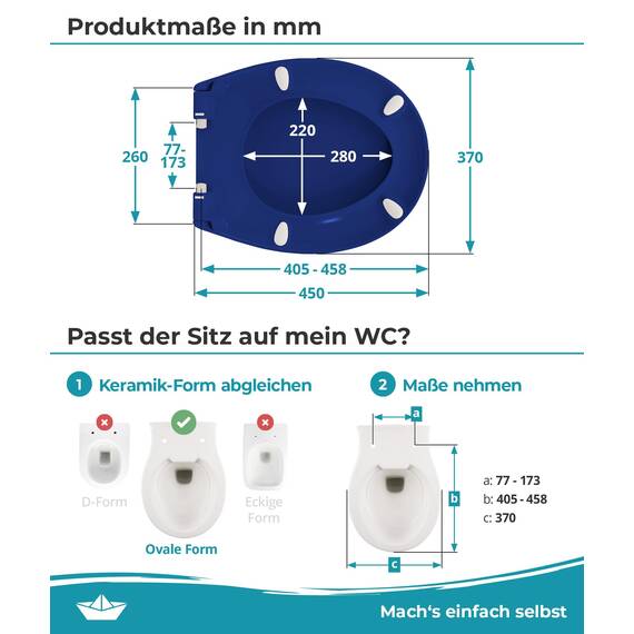 Calmwaters® Premium WC Sitz einfache Montage, Toilettendeckel bis 250 kg, Made in EU, antibakterieller Duroplast, Absenkautomatik, 2 Montage Optionen, abnehmbar, Klobrille, oval, Blau