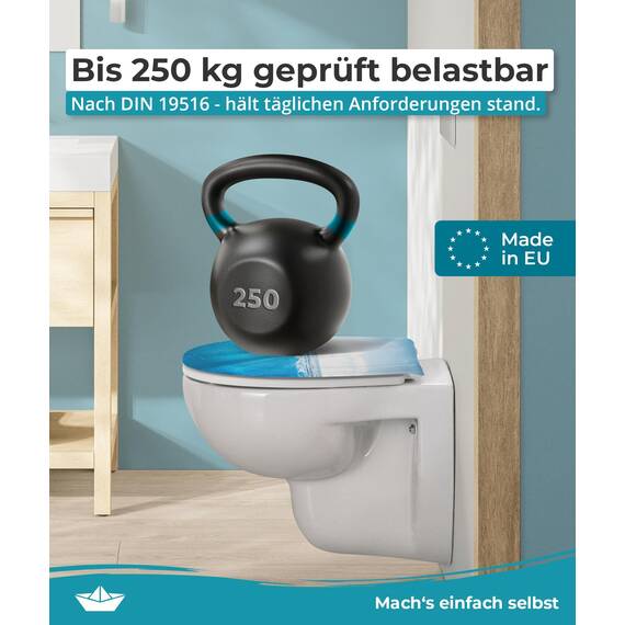 Calmwaters® WC Sitz Motiv Meeresglanz einfache Montage, Toilettendeckel bis 250 kg, Made in EU, antibakterieller Duroplast, Absenkautomatik, 2 Montage Optionen, abnehmbar, Klobrille, oval