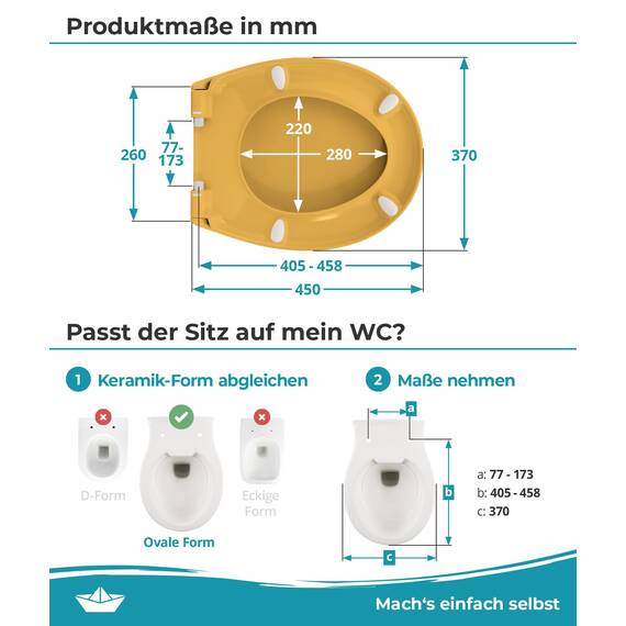 Calmwaters® Premium WC Sitz einfache Montage, Toilettendeckel bis 250 kg, Made in EU, antibakterieller Duroplast, Absenkautomatik, 2 Montage Optionen, abnehmbar, Klobrille, oval, Curry-Gelb