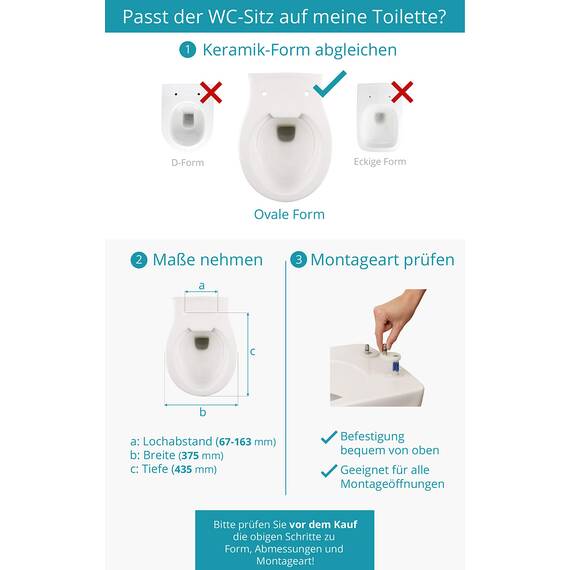 Calmwaters® Antibakterieller Premium WC Sitz mit Absenkautomatik Modern Soft, WC Deckel überlappend, abnehmbar, Duroplast Toilettensitz oval, universale O-Form, Top-Fix, Edelstahlscharnier, Weiß