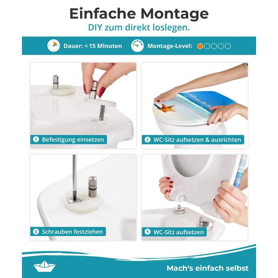 Calmwaters® WC Sitz Motiv Seestern einfache Montage, Toilettendeckel bis 250 kg, Made in EU, antibakterieller Duroplast, Absenkautomatik, 2 Montage Optionen, abnehmbar, Klobrille, oval