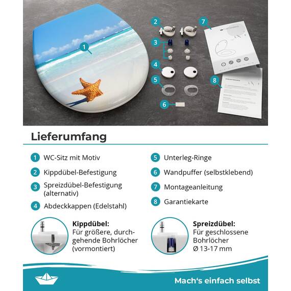 Calmwaters® WC Sitz Motiv Seestern einfache Montage, Toilettendeckel bis 250 kg, Made in EU, antibakterieller Duroplast, Absenkautomatik, 2 Montage Optionen, abnehmbar, Klobrille, oval